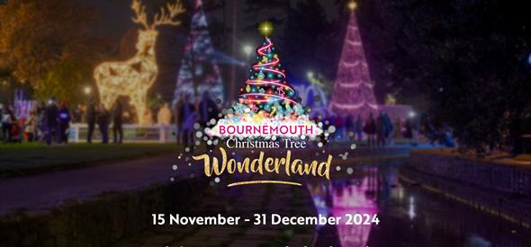 Blurred image of christmas illuminations with the Bournemouth Christmas Tree Wonderland Logo, dates of the 2024 event (15 Nov - 31 Dec 2024) and the w