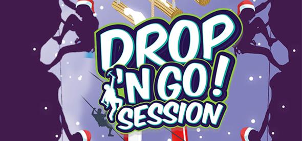 Image of silhouettes on a climbing wall wearing santa hats with the wording 'Christmas Drop n' Go! session'