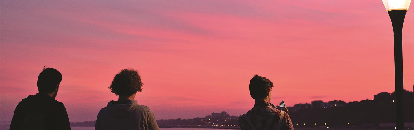 The boys looking at the pink sunset over Bournemout beach