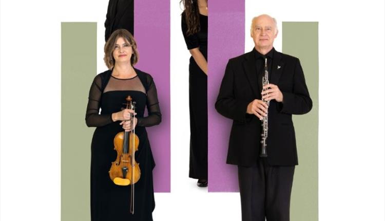 Four performers standing against a white pink and green background.  One performer is holding a violin and another an oboe.