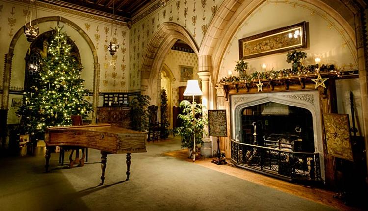 Beautiful old house with fireplace, Christmas tree and piano