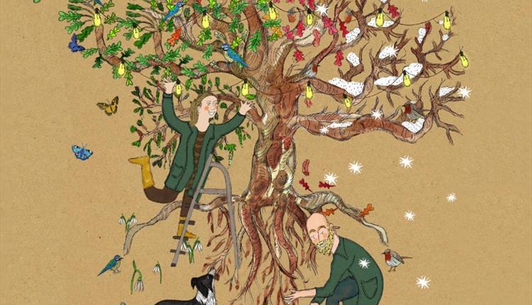 drawing of two adults and a dog surrounding a tree in all 4 phases of the seasons