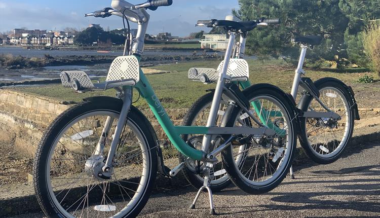 Beryl bikes outside on the street, with view of the sea in the background