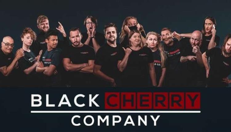 Images showing 14 people all wearing black t shirts, pulling different funny faces.