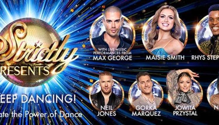 Image of strictly Logo along with faces of all the dancers smiling