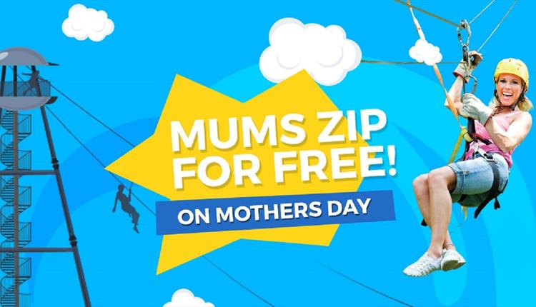 Mums zip for free promotional poster with a lady in a yellow hat on a zip wire