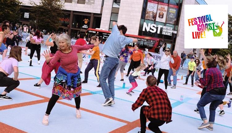 Group of people on a grid dancing and moving