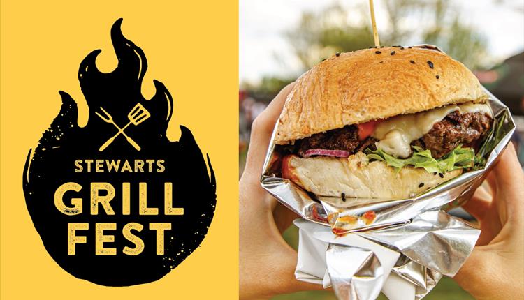 Stewarts Grill Fest logo next to hands holding juicy burger in bun