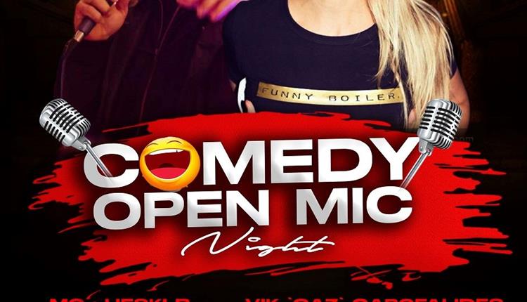 Comedy Open Mic Night poster with two performers and event details