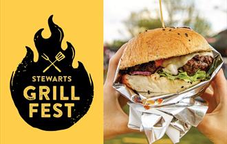 Stewarts Grill Fest logo next to hands holding juicy burger in bun