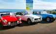 Blue, white and red classic cars on the prom